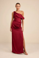 Aviana Dark Red Satin Asymmetrical Maxi Dress