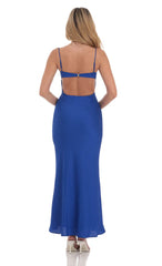 Satin Sweetheart Neck Maxi Dress in Blue