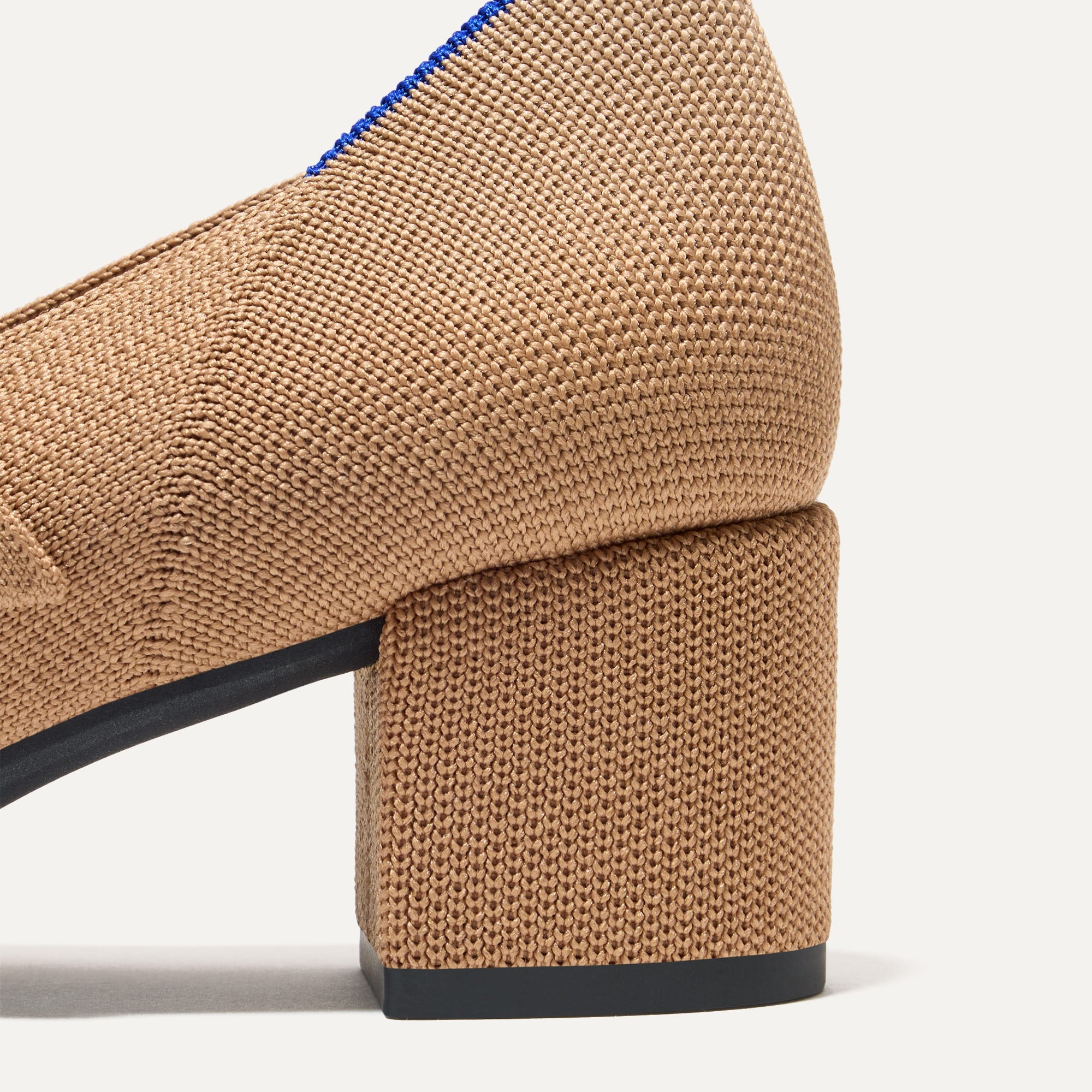 Closeup of the heel on The Mary Jane Heel in Wren Captoe.