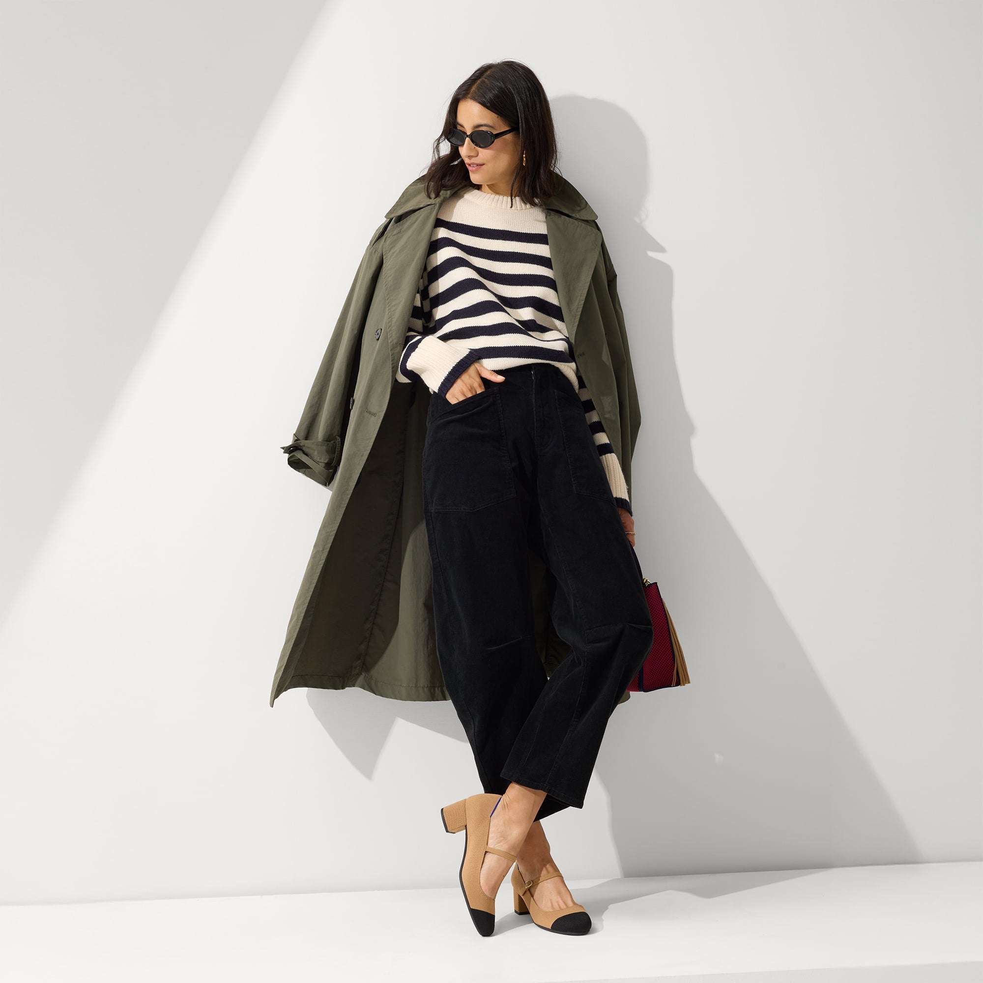 Alternate view of a model wearing The Mary Jane Heel in Wren Captoe.