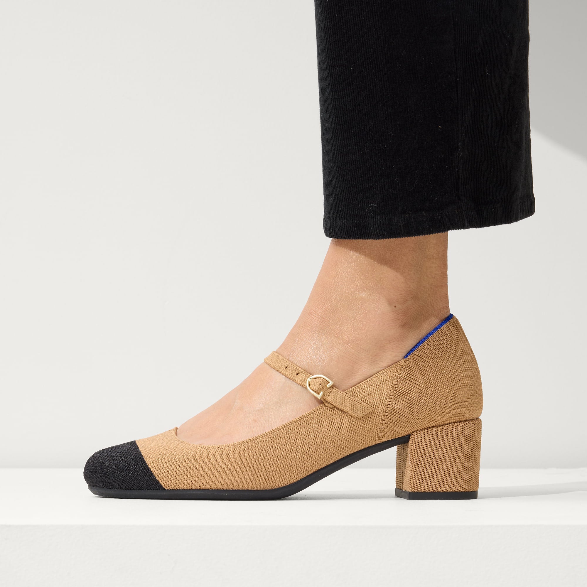 hover | Model wearing The Mary Jane Heel in Wren Captoe.