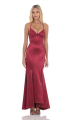 Satin Open Back Mermaid Maxi Dress in Maroon