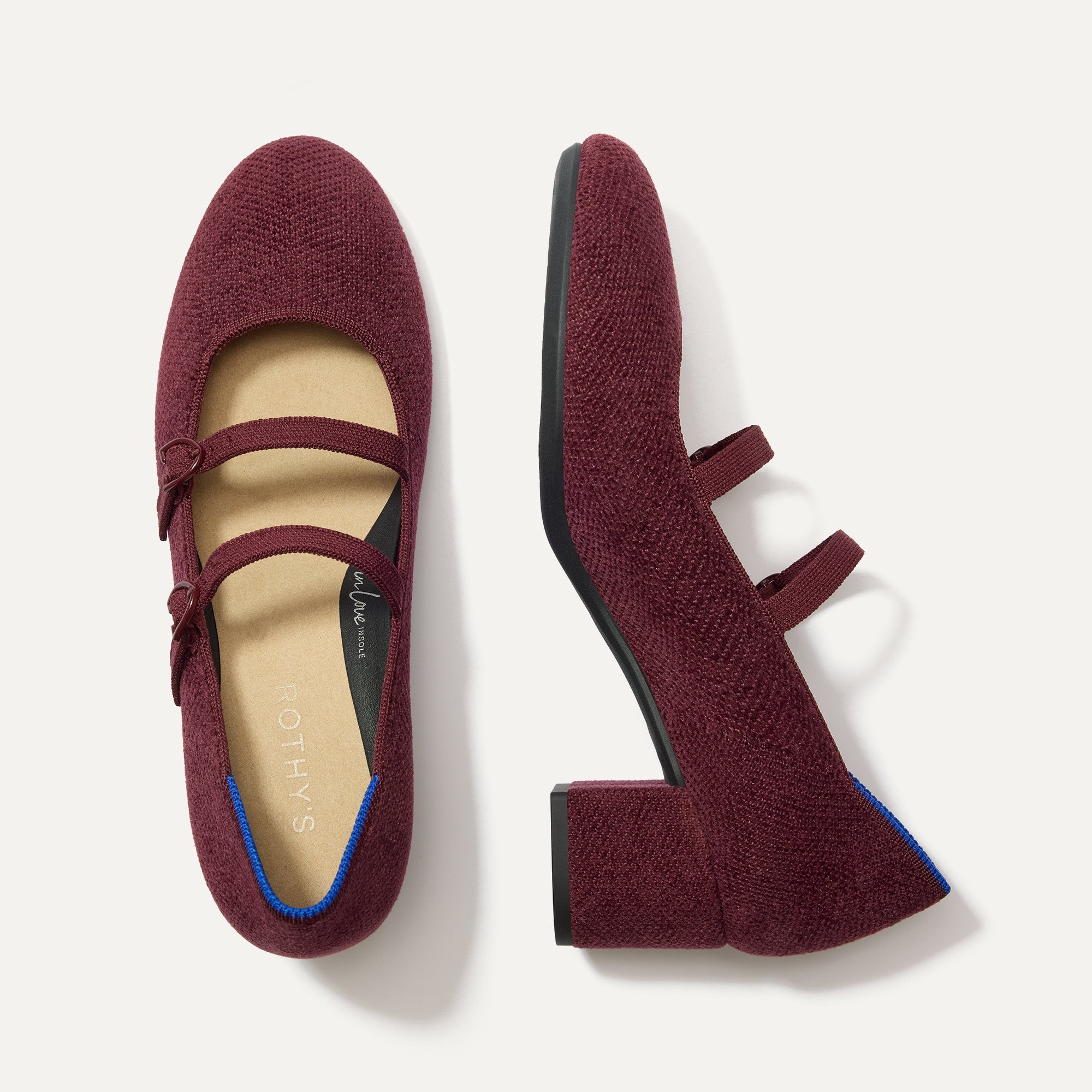 The Double Buckle Mary Jane Heel in ReVelvet™ Syrah shown from the top.