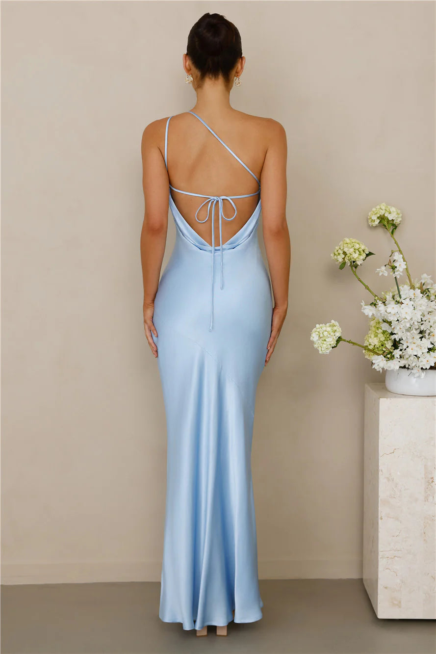 The Evangeline One Shoulder Satin Maxi Dress Blue