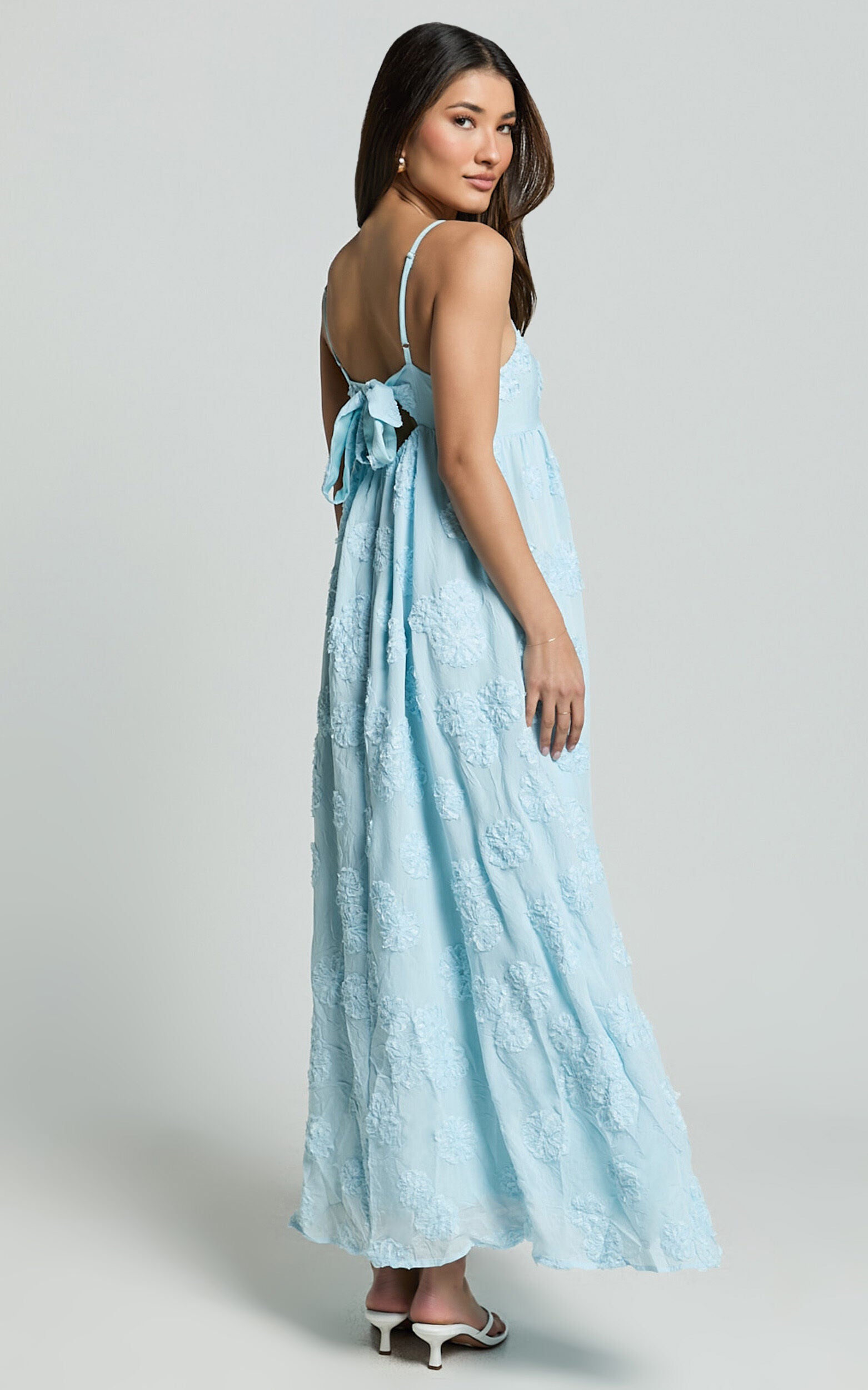 Claya Maxi Dress - Sleeveless Straight Neckline Floral Detail Dress in Pale Blue