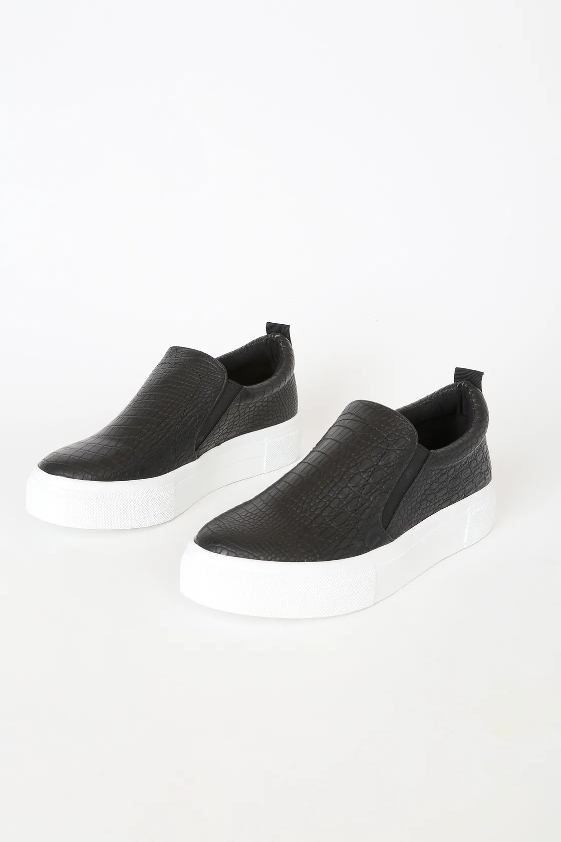 Cassay Black Crocodile-Embossed Platform Slip-On Sneakers