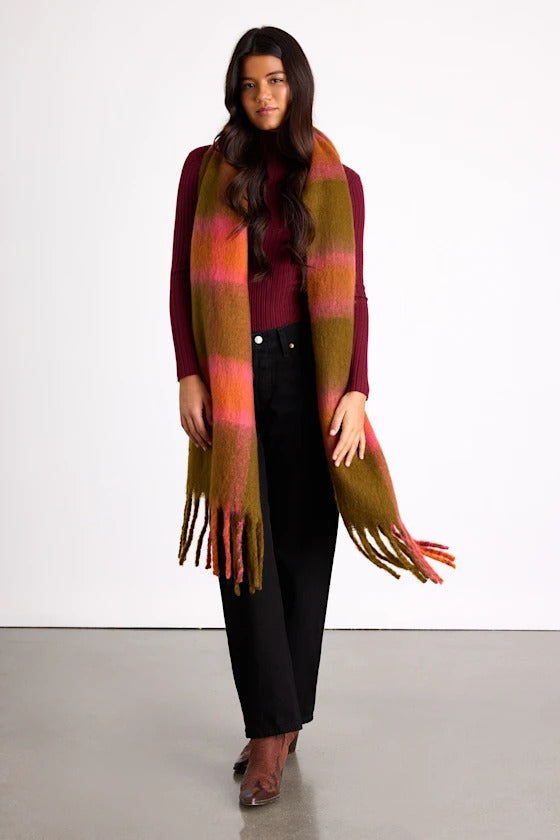 Melton Coral and Olive Plaid Knit Oversized Fringe Scarf