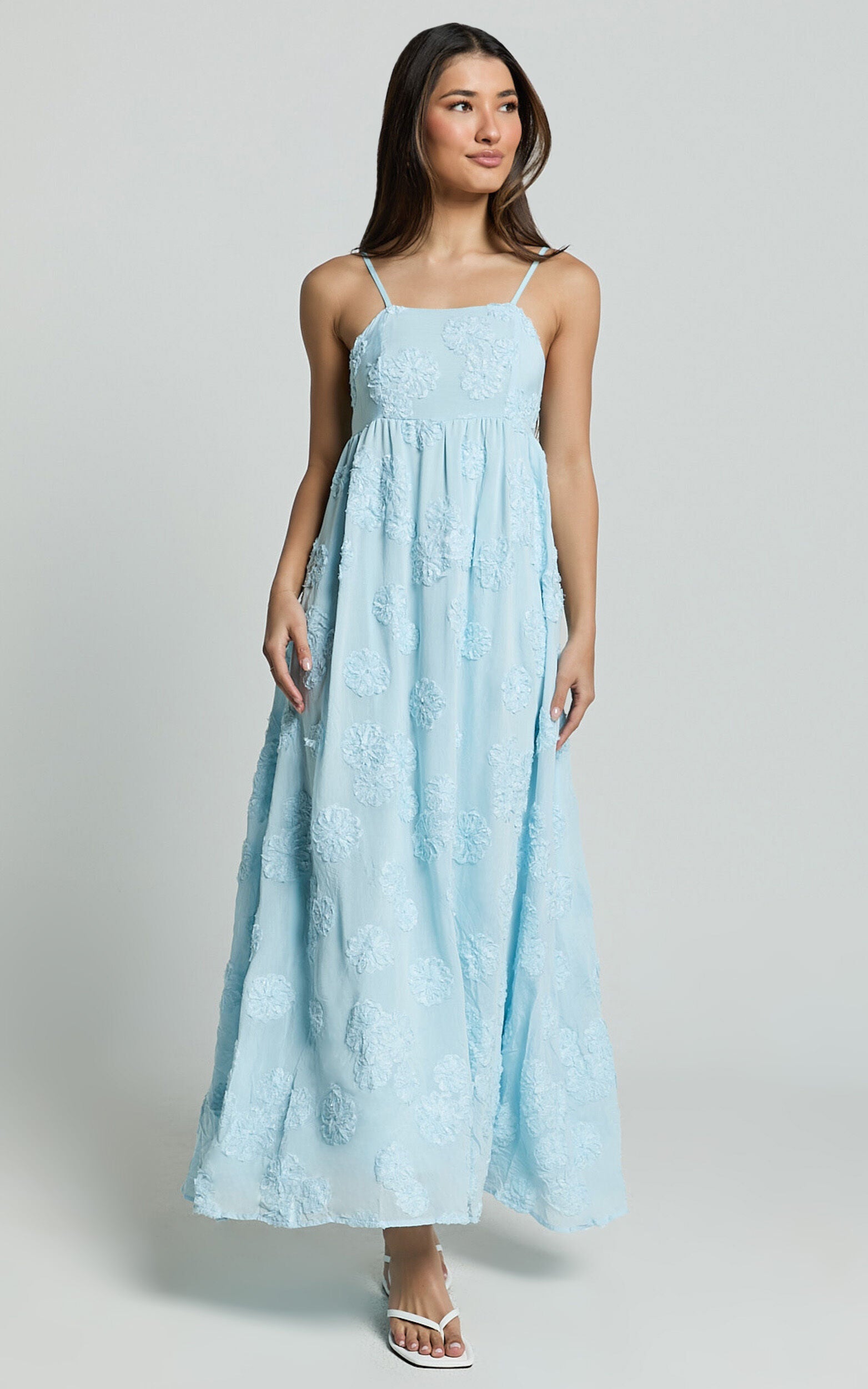 Claya Maxi Dress - Sleeveless Straight Neckline Floral Detail Dress in Pale Blue