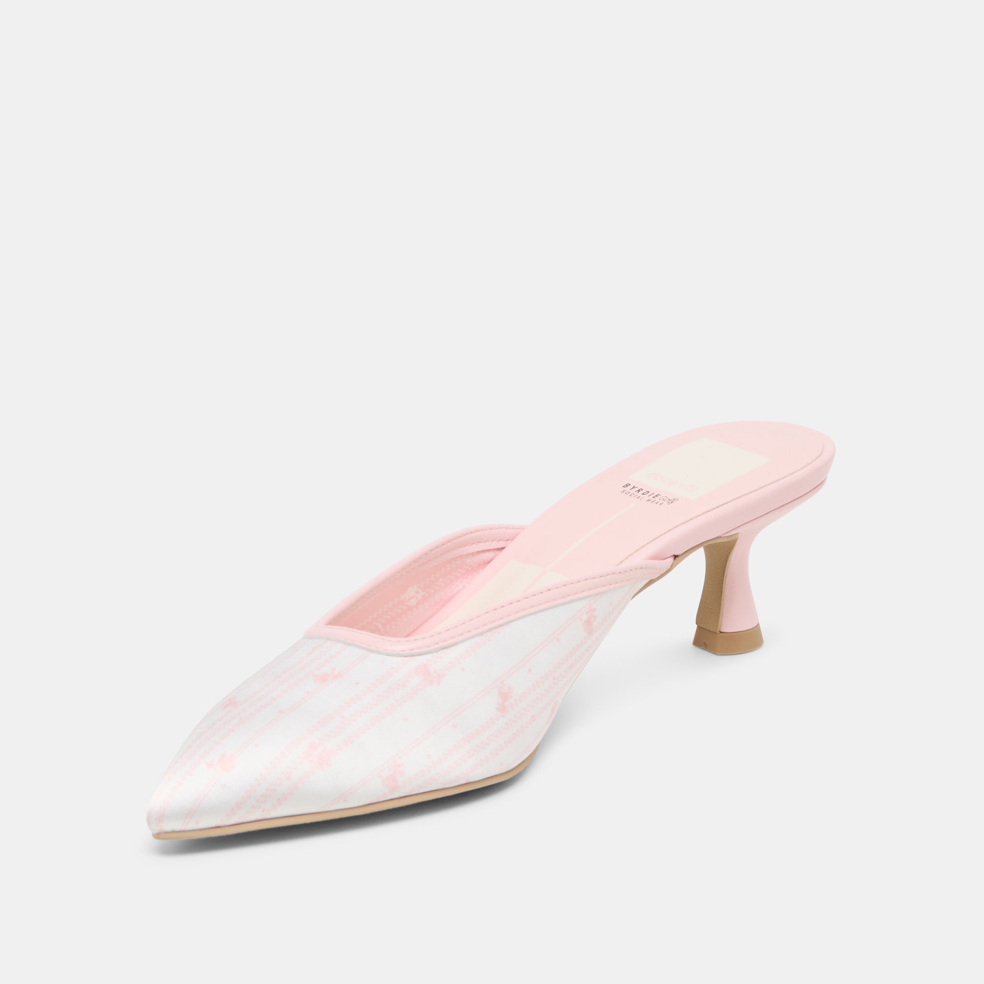 CLEO X BYRDIE GOLF WIDE HEELS PINK FLORAL SATIN