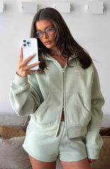 Can't Miss It Boxy Zip Front Hoodie Sage