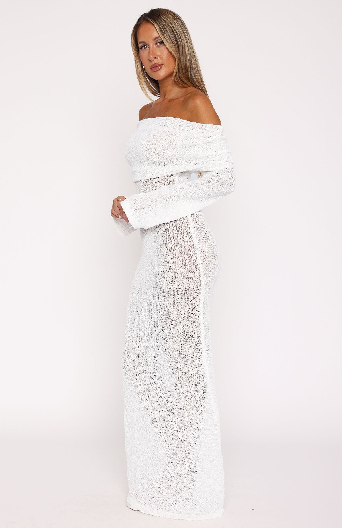 Made It Out Long Sleeve Boucle Maxi Dress White