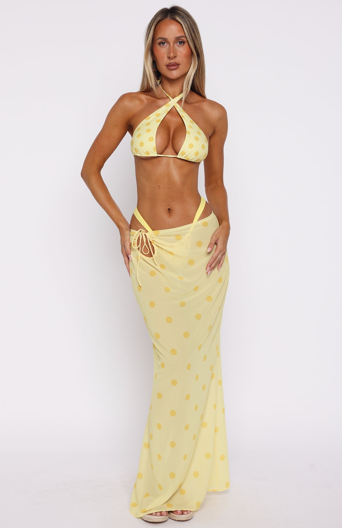 Crowd Pleaser Maxi Skirt Lemon Polka Dot