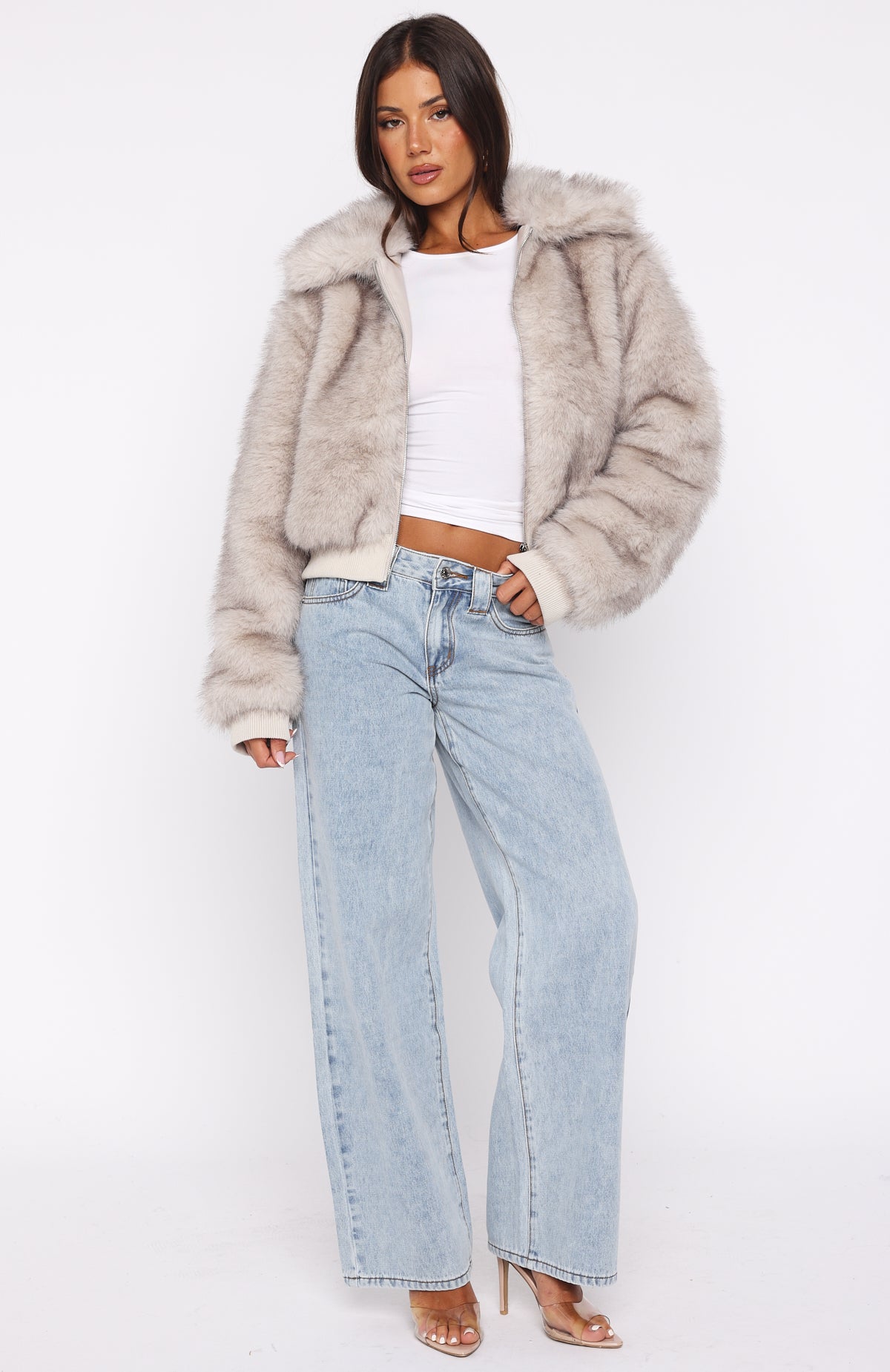 Glacial Chic Fur Bomber Jacket Smokey Taupe